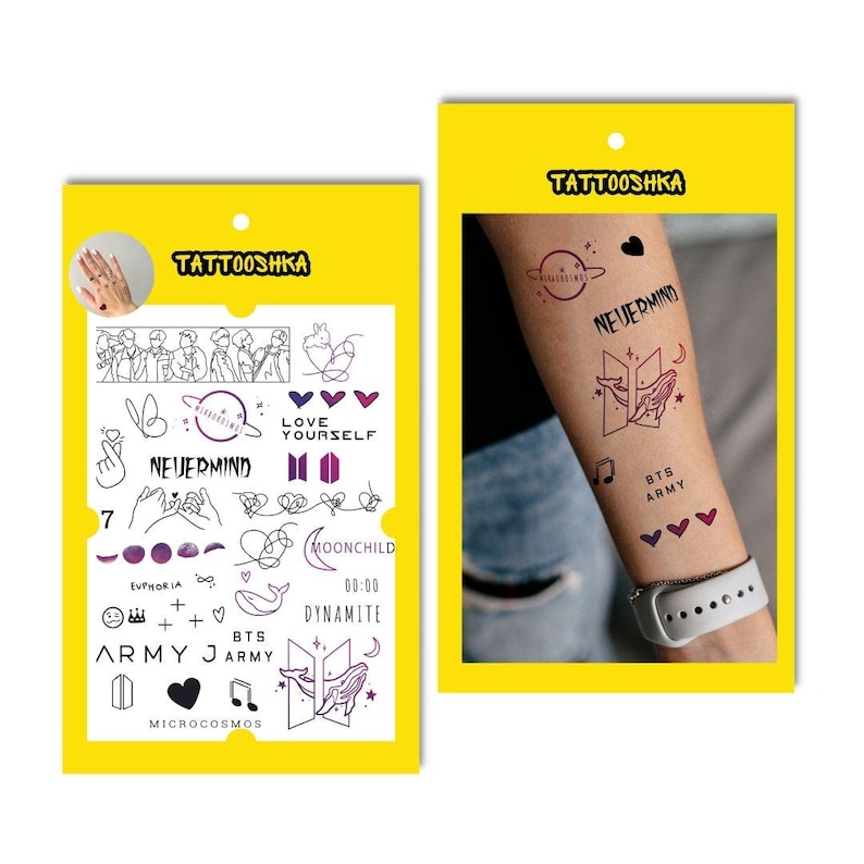 May include: A sheet of temporary tattoos featuring various designs and text related to the K-pop group BTS. The designs include hearts, a whale, a planet, and the words "Love Yourself", "Never Mind", "Moonchild", "Dynamite", "Euphoria", "Army", and "Microcosmos".