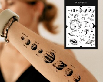 Tatuajes temporales minimalistas del espacio | Planetas, ovnis, astronautas y arte galáctico | Pegatinas corporales divertidas para amantes del espacio exterior y las aventuras cósmicas