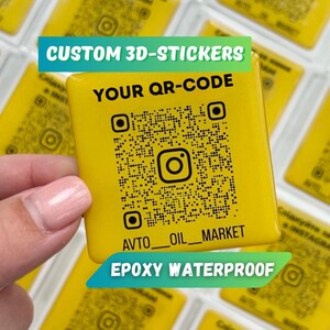 May include: Yellow 3D stickers with a custom QR code and the text "YOUR QR-CODE" and "AVTO__OIL__MARKET". The stickers are waterproof and have a glossy finish.