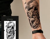 Owl Temporary Tattoo | Full Moon Tattoo | Realistic Owl Tattoo | Night Forest Tattoo | Animal Sleeve Tattoo | Halloween Tattoo Idea