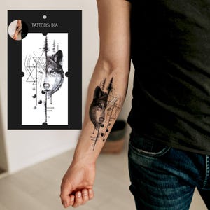 Geometrisches Wolf-Temporär-Tattoo für Männer und Frauen | Große realistische Körperkunst mit Waldtieren | Wasserfester Tattoo-Aufkleber für Arm oder Rücken