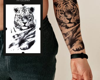Realistic Tiger Temporary Tattoo | Black Ink Animal Tattoo for Men and Women | Jungle Wild Cat Body Art | Large Transfer Sleeve Tattoo