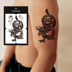 Drachen Temporäre Tattoo | Asiatische Fabelwesen Tattoo Aufkleber | Schwarzer chinesischer Drache Körperkunst | Wasserfester Tattoo Aufkleber