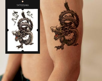 Dragon Temporary Tattoo | Asian Mythical Creature Tattoo Sticker | Black Chinese Dragon Body Art | Waterproof Tattoo Sticker