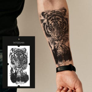 Tiger Forest Temporary Tattoo | Realistic Wild Animal Tattoo for Men | Nature Scene Arm Tattoo | Large Jungle Style Tattoo
