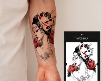 Geisha Kitsune Mask Temporary Tattoo | Japanese Fox Mask Tattoo | Red Peony Tattoo | Oriental Tattoo Art | Oni Yōkai Inspired