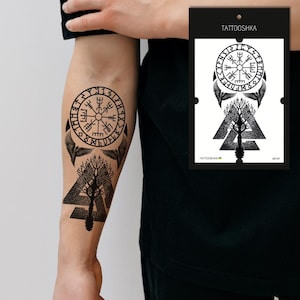 Viking Temporary Tattoo Set | Vegvisir Compass Tattoo | Norse Yggdrasil Tree Tattoo | Nordic Runes Fake Tattoo | Pagan Tattoo for Men