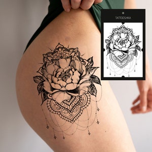 Peony with mandala tattoo | Large temp tattoo for women | Large flower tattoo | Mandala temporary tattoo | mandala tattoo