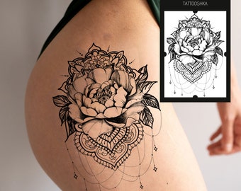 Peony with mandala tattoo | Large temp tattoo for women | Large flower tattoo | Mandala temporary tattoo | mandala tattoo