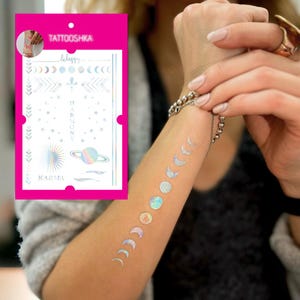 Holographic Temporary Tattoos | Moon Phases, Stars, Planet, Karma, Harmony Quotes | Be Happy Tattoo Set | Cosmic and Spiritual Body Art