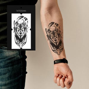 Wolf Tattoo | Watercolor Temporary Tattoo | Tribal Wolf Body Art | Fake Sleeve Tattoo for Men & Women | Large Animal Arm Tattoo