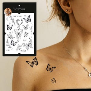 BUTTERFLY TEMPORARY TATTOOS | Feminine Tattoo Set | Minimalist Nature Tattoos|Minimalist Floral Tattoo Set | Crescent Moon