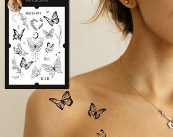 TATUAJES TEMPORALES DE MARIPOSAS | Conjunto de tatuajes femeninos | Tatuajes minimalistas de naturaleza | Conjunto de tatuajes florales minimalistas | Luna creciente