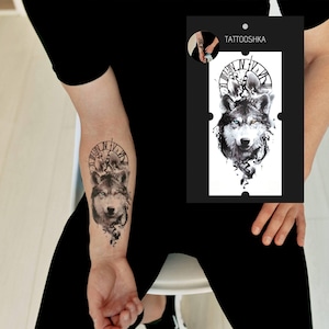 Wolf Temporäres Tattoo | Realistisches Wolf- und Uhrentattoo | Wasserdichtes Tiertattoo für Männer | Gefälschtes Ärmeltattoo | Wasserdichtes Tattoo