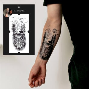 Wolf und Bär temporäres Tattoo | Wald Natur Fake Tattoo | Mond Nacht Tier Körperkunst für Männer & Frauen | Wasserfester Tattoo Aufkleber