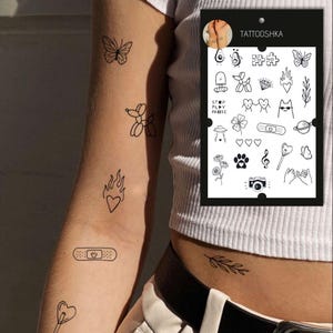 ミニタトゥー 25 個 |落書きタトゥーセット |かわいいミニマリストデザイン |マイクロシンボル、アボカド、惑星、猫、カメラ