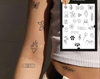 25 mini tatuajes temporales | Conjunto de tatuajes Doodle | Lindos diseños minimalistas | Micro Símbolos, Aguacate, Planeta, Gato, Cámara