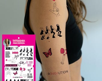 May include: A sheet of temporary tattoos featuring a pink and black color scheme with various designs, including a group of four women, a butterfly, a microphone, and the text "BLACK PINK" and "REVOJUTION".