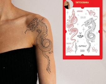 Temporäres Tattoo mit Drachenmuster | Drachentattoo | Tattoo-Design Drache | Orientalisch-Asiatischer Stil | Chinesischer Drache | Fake Tattoo Fliegender Drache