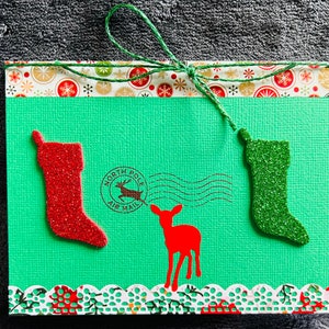 North Pole Air Mail Reindeer and Stockings Handmade Christmas Card, Festive Blank Holiday Greeting