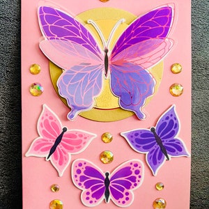 Flutter Wing Butterfly with Trio of Smaller Butterflies and Inner 3D Pop-Up Flower Spray Blank Card - Elegant and Unique Design