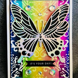 Silver Butterfly on Foiled Rainbow Damask Background It’s Your Day Card