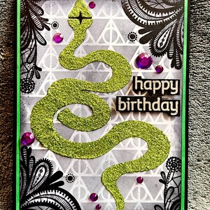 Green Glitter Serpent Laced Corners and Triangle Background Birthday Card for Unique Celebrations