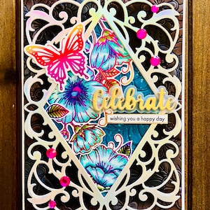Rainbow Foiled Butterfly Celebrate Card: Floral Outline