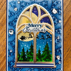 Moonlit Santa and Reindeer Silhouette Handmade Christmas Card with Arched Window Design, Festive Holiday Greeting