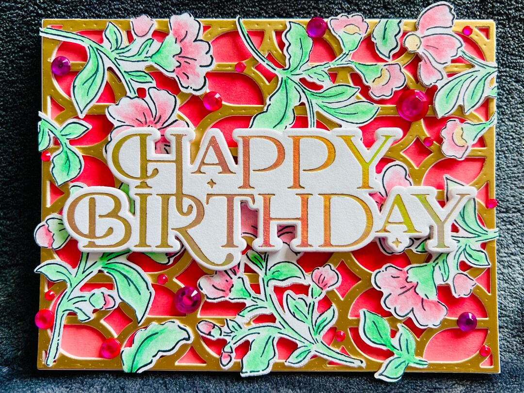Pink Floral Blooms on Gold Decorative Fence Birthday Card - Etsy