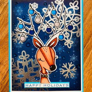 Reindeer Ornament Antlers Handmade Christmas Card, Festive Holiday Greeting, Unique Reindeer Design with Ornament Accents