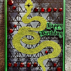 Green Glitter Serpent Birthday Card with Ruby Gems