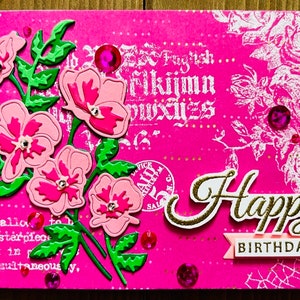 Charming Birthday Card with Pink Flower Sprig, White Embossed Vintage Imagery, and Pink Background – Perfect for Special Celebrations