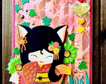 Kimono Fox Girl Blank Card: Diecut Paper Doll, Forest Scene