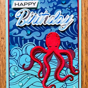 Red Octopus Wave Background Birthday Card, Striking Nautical Theme for an Adventurous Birthday Celebration