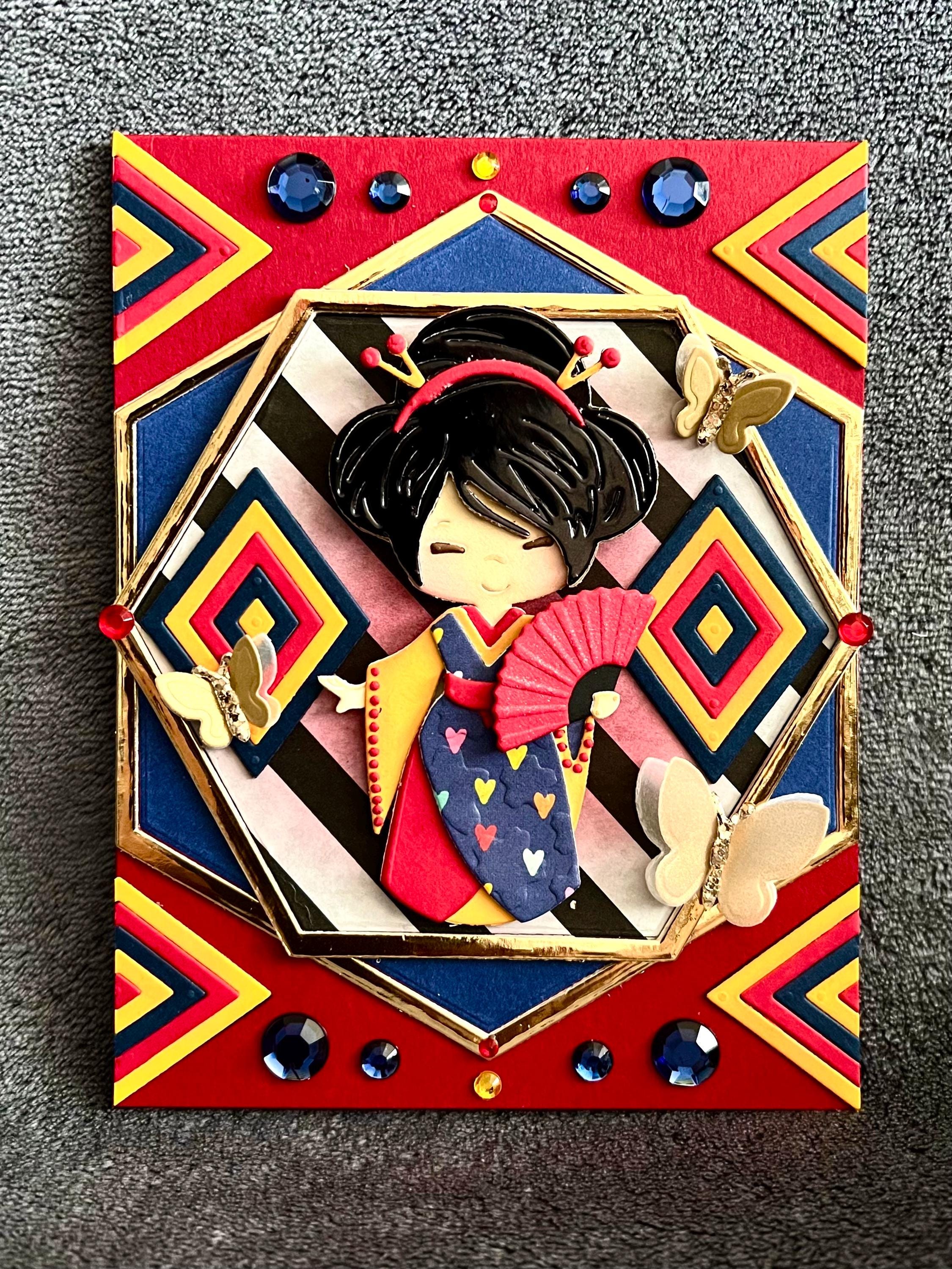 Kimono Doll Holding Fan with Color Block Diamond Pattern Background Blank Card
