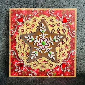 Gingerbread Star Cookie Christmas Card with Gold Doily Design for Festive Holiday Greetings