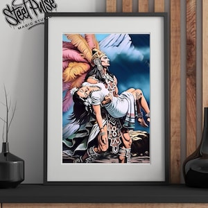 May include: Framed art print depicting a stylized illustration of two figures in traditional attire. One figure carries another, with a backdrop of a blue sky and mountains. The print is framed in black and features the text "Street Pulse Magic Studio".