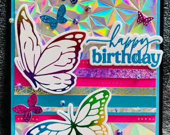 Kaleidoscope Butterflies Birthday Card: Rainbow Foiled Design