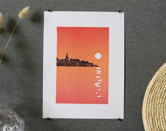 Sunset in Roscoff, Linocut, Lino print, 18x24cm