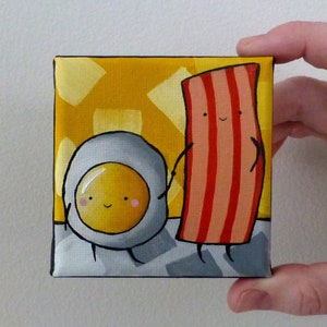 cute oil painting/ bacon and egg mini painting/ handmade/ magnet painting/ cartoon bacon egg/ food art/ gift/ mini original art