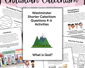 Puede incluir: Una hoja de trabajo colorida con el título "Westminster Shorter Catechism Questions 4-6 Activities". La hoja de trabajo presenta una cordillera verde y la pregunta "¿Qué es Dios?" en letras grandes y negritas. La hoja de trabajo está diseñada para ayudar a los niños a aprender sobre la fe cristiana.