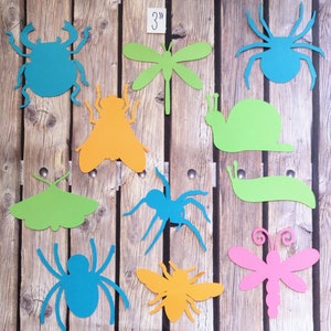May include: A set of 10 paper cutouts of insects and other creatures, including a dragonfly, a spider, a snail, a bee, a moth, and a beetle. The cutouts are all 3 inches in size and are made of colorful paper.