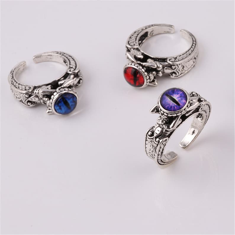 Gemstone evil ring sterling silver,red yellow blue purple eye ring,Evil Eye,fashion vintage dragon ring,statement ring,gift idea for men