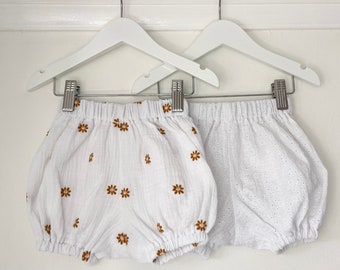 Embroidered Baby Bloomers - Cotton Muslin Boho Bloomers - Daisy Embroidery and Broderie Anglaise Bloomers