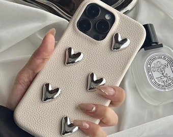 Aesthetic Cute White Silver Luxury Case for 3D Hearts Metallic Minimal Vegan Leather