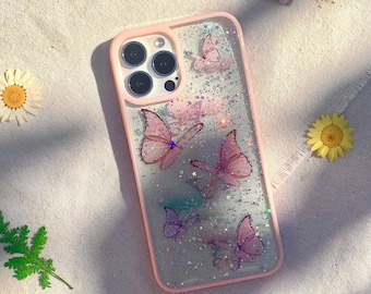 Pink iPhone Cute Aesthetic Butterfly Illustration Resin Glitter Bling Case Camera Durable Slim Lightweight Scratch Resistant Silicone