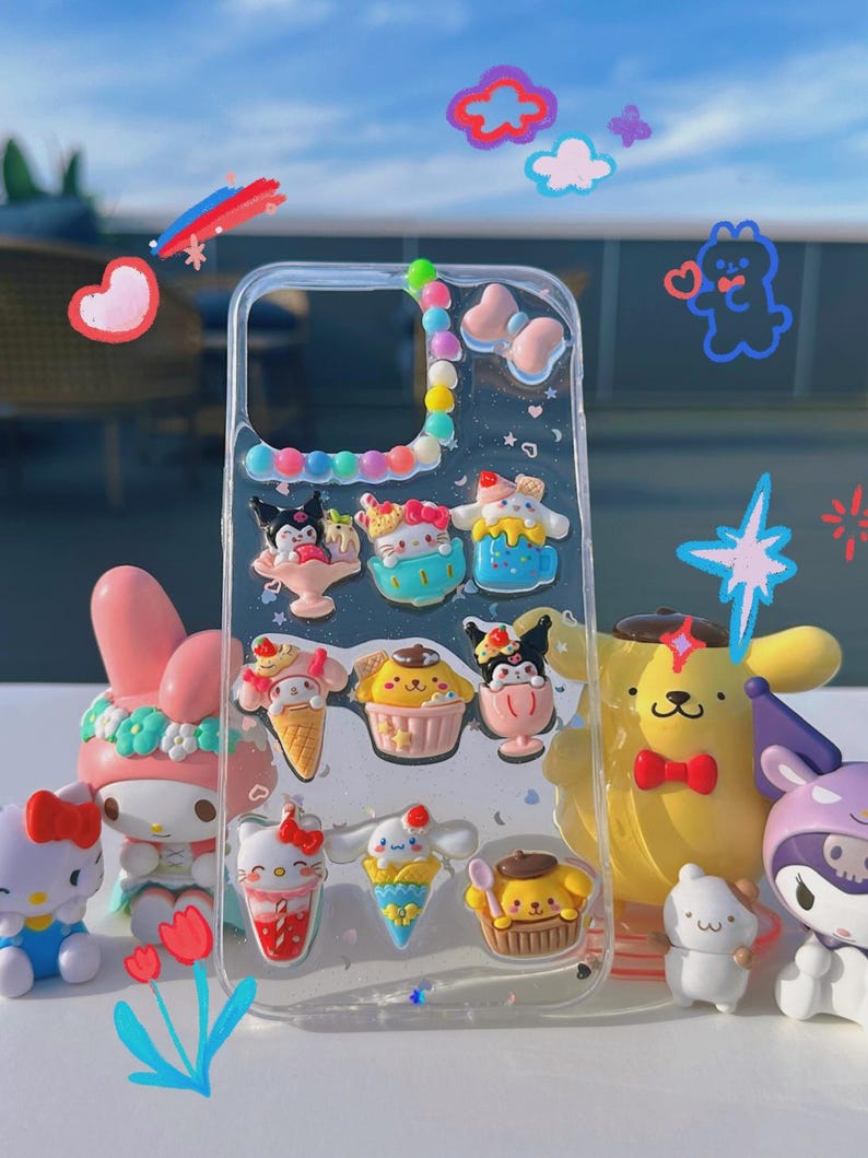May include: A clear phone case with a colorful beaded border and various cartoon character charms. The charms are of ice cream cones, sundaes, and cupcakes. The case is decorated with glitter and small hearts.