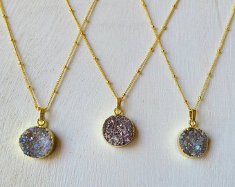 Rose Quartz Love Stone on Aura Quartz Druzy Crystal Slice w Golden Accents Charm Necklace