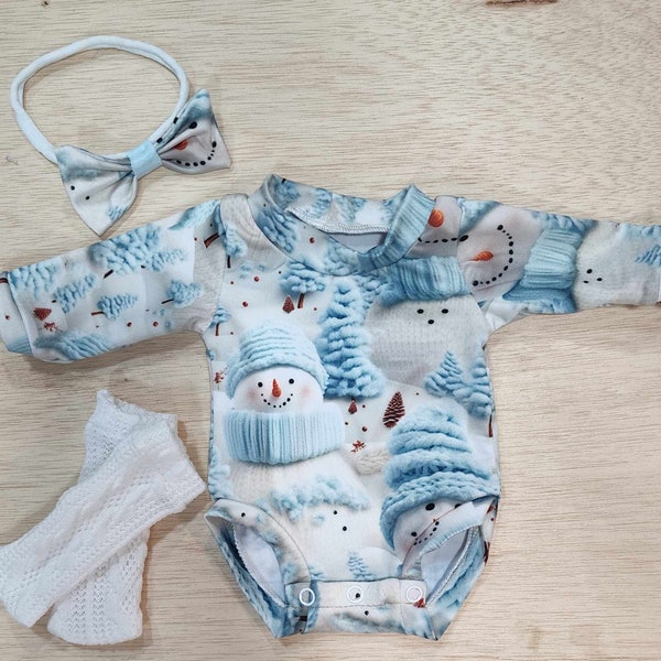 17-18" *Preemie* Blue Winter Snowman Onsie & Socks w/ match headband bow/hat for Reborn Babies Clothing Silicone Baby Doll Clothes